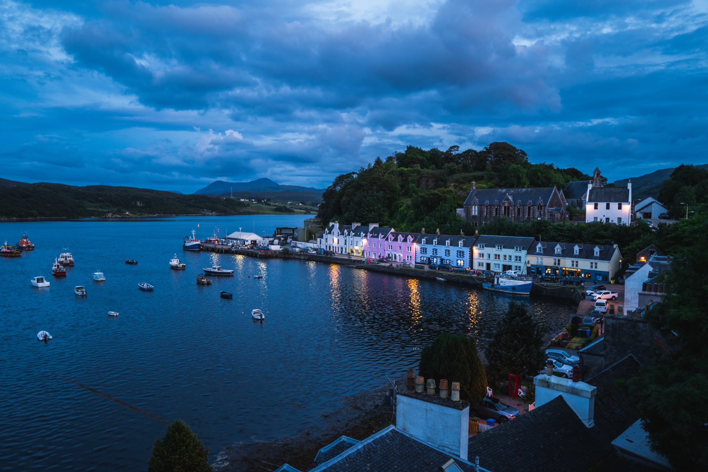 Portree harbor at blue hour