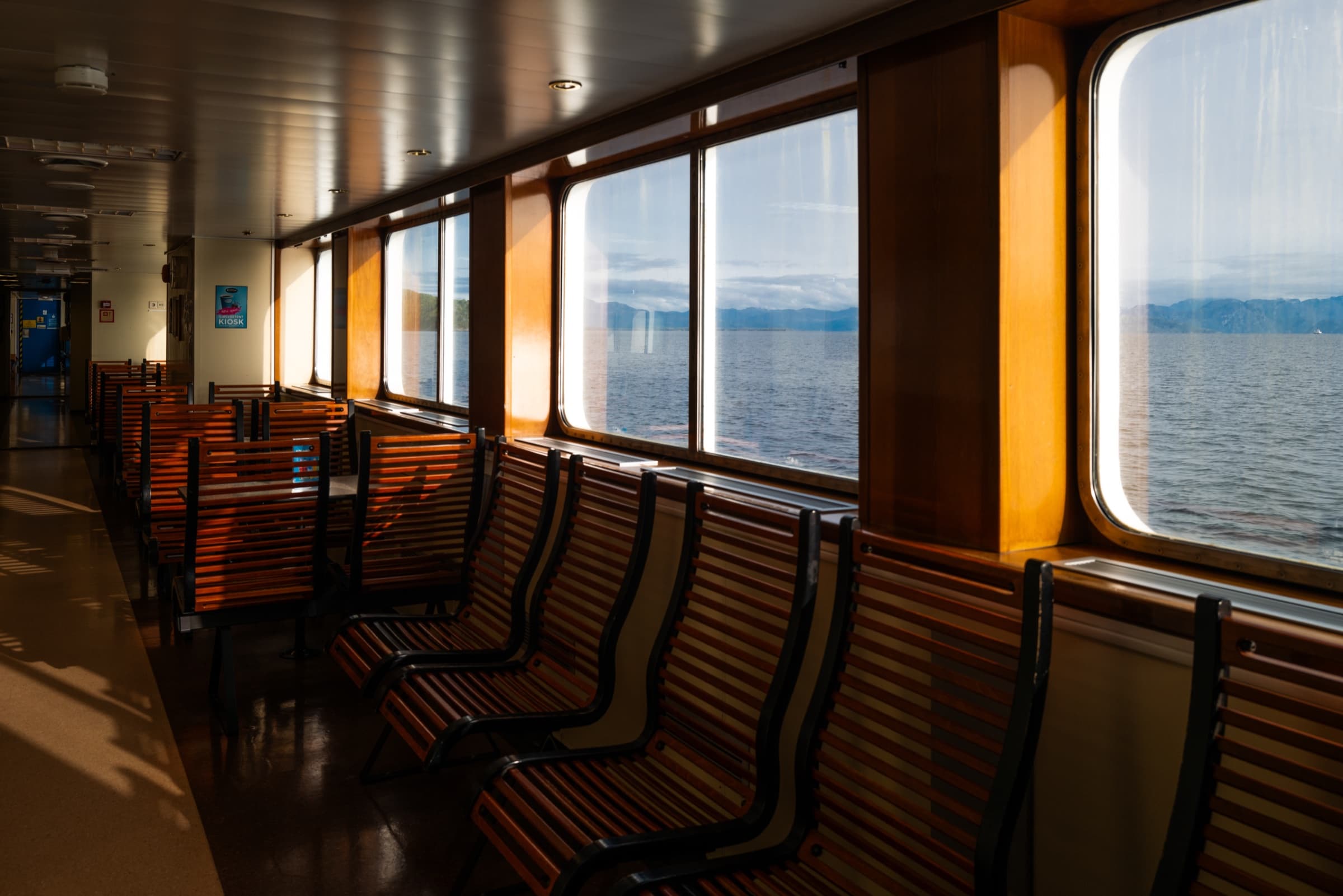 Ferry interior in golden light